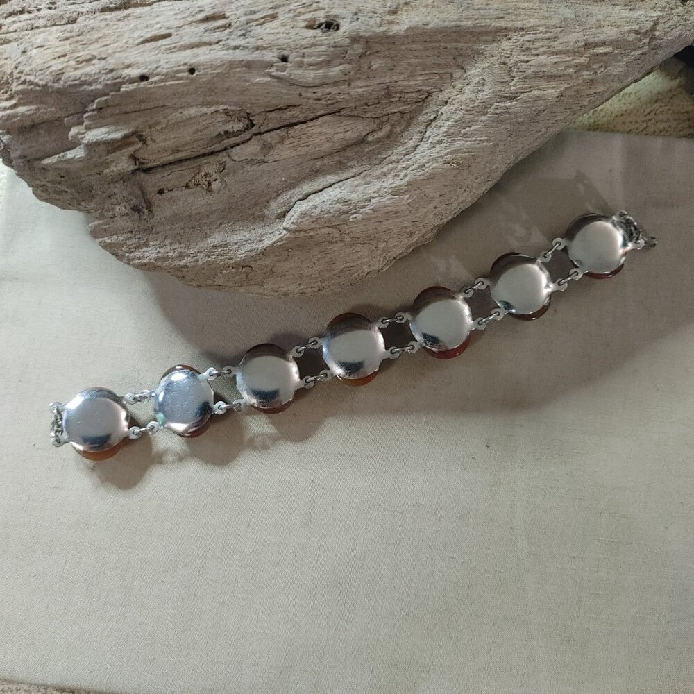 Silvertone Carnelian Agate looking Amber Link Bracelet Oval Cabochons Vintage - Picture 12 of 12